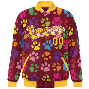 Custom Crimson Gold-White Varsity Pets Paw Prints Graffiti Pattern Letterman Baseball Jacket