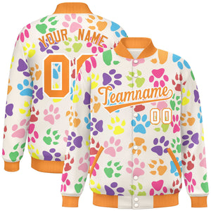 Custom Cream Orange-White Varsity Pets Paw Prints Graffiti Pattern Letterman Baseball Jacket