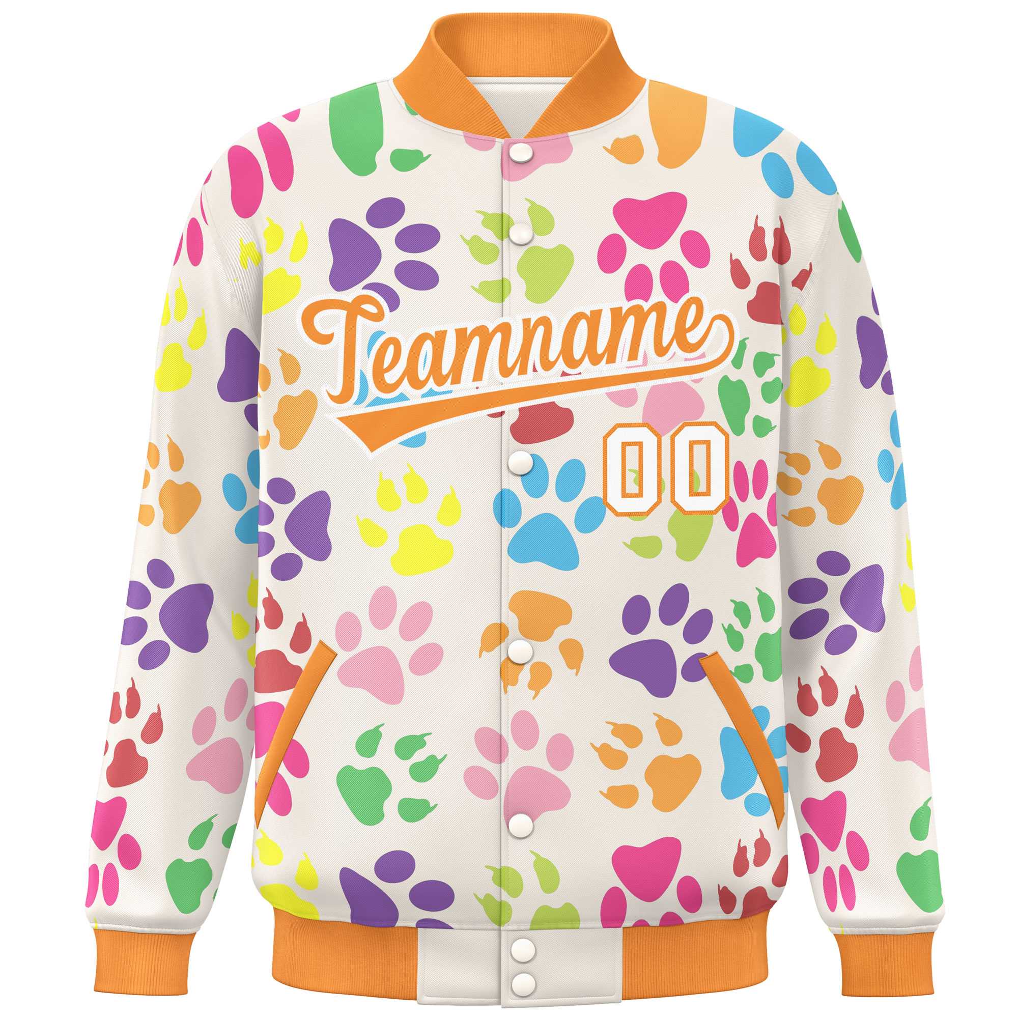 Custom Cream Orange-White Varsity Pets Paw Prints Graffiti Pattern Letterman Baseball Jacket