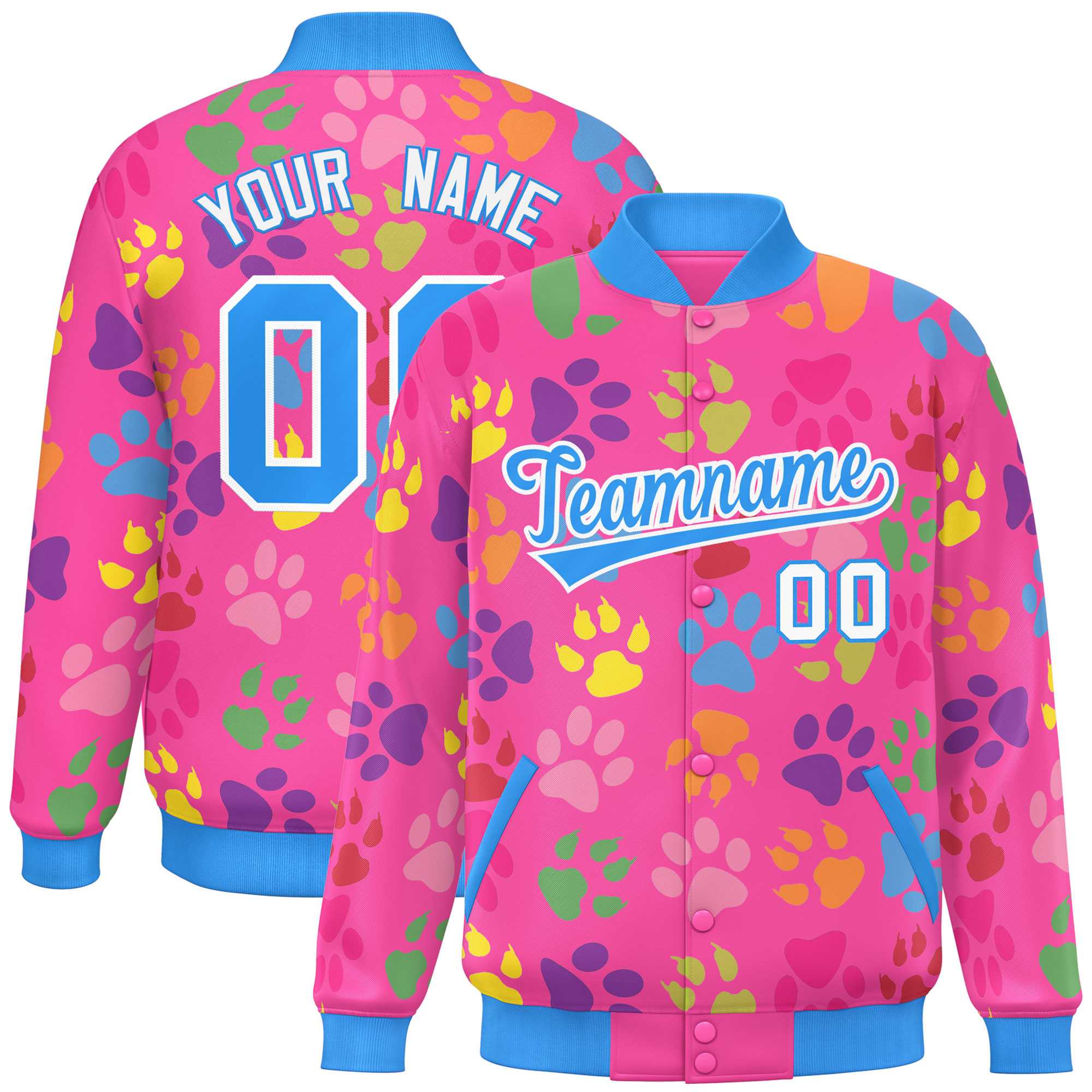 Custom Pink Powder Blue-White Varsity Pets Paw Prints Graffiti Pattern Letterman Baseball Jacket