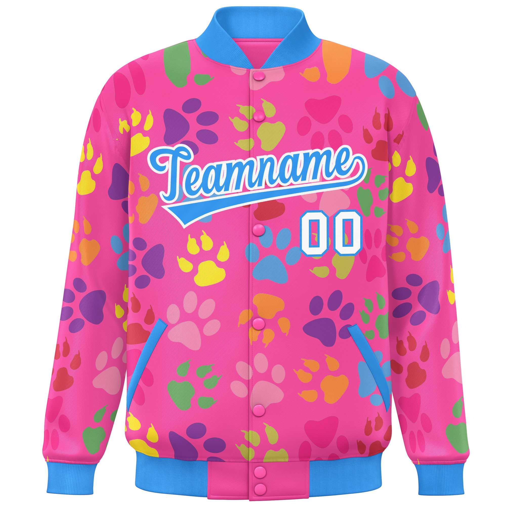 Custom Pink Powder Blue-White Varsity Pets Paw Prints Graffiti Pattern Letterman Baseball Jacket