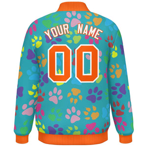 Custom Aqua Orange-White Varsity Pets Paw Prints Graffiti Pattern Letterman Baseball Jacket