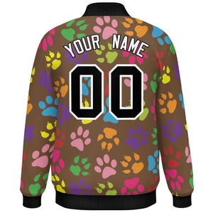 Custom Light Brown Black-White Varsity Pets Paw Prints Graffiti Pattern Letterman Baseball Jacket