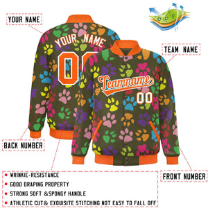 Custom Olive Orange-White Varsity Pets Paw Prints Graffiti Pattern Letterman Baseball Jacket