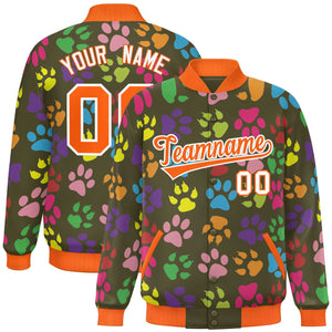 Custom Olive Orange-White Varsity Pets Paw Prints Graffiti Pattern Letterman Baseball Jacket