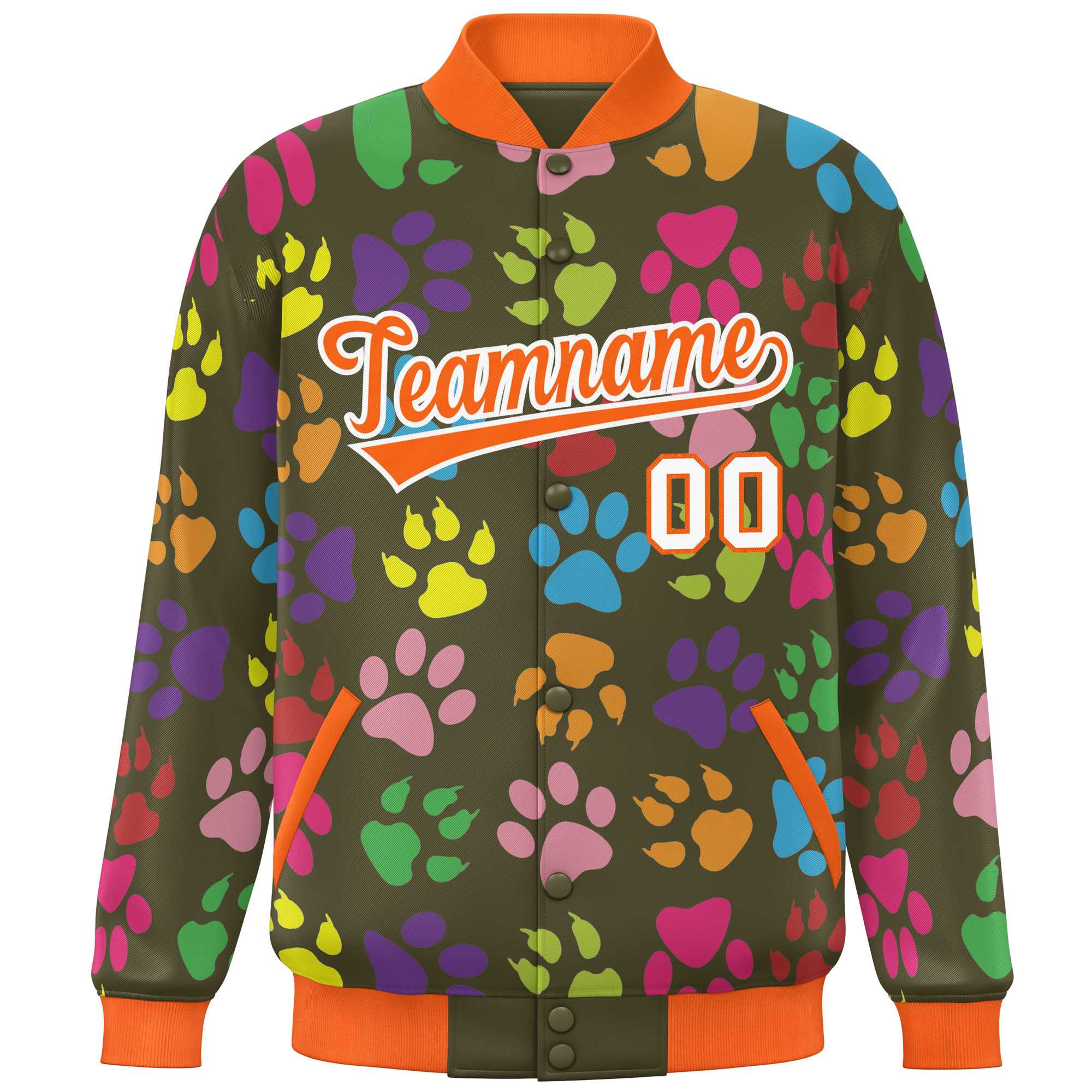 Custom Olive Orange-White Varsity Pets Paw Prints Graffiti Pattern Letterman Baseball Jacket