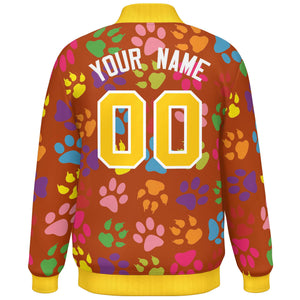 Custom Texas Orange Gold-White Varsity Pets Paw Prints Graffiti Pattern Letterman Baseball Jacket