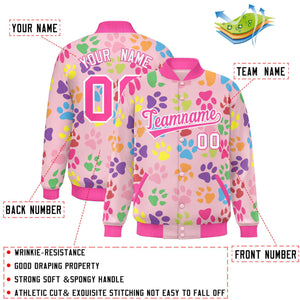 Custom Pink White Varsity Pets Paw Prints Graffiti Pattern Letterman Baseball Jacket