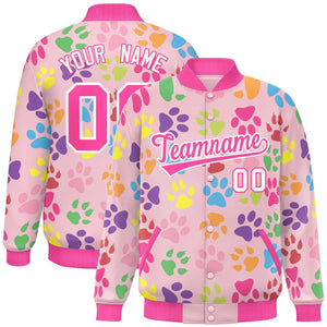 Custom Pink White Varsity Pets Paw Prints Graffiti Pattern Letterman Baseball Jacket