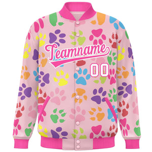 Custom Pink White Varsity Pets Paw Prints Graffiti Pattern Letterman Baseball Jacket