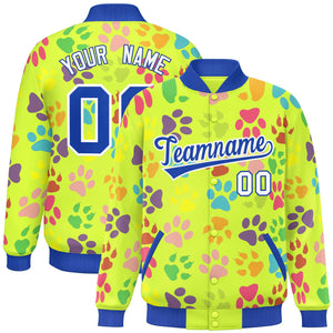 Custom Neon Green Royal-White Varsity Pets Paw Prints Graffiti Pattern Letterman Baseball Jacket