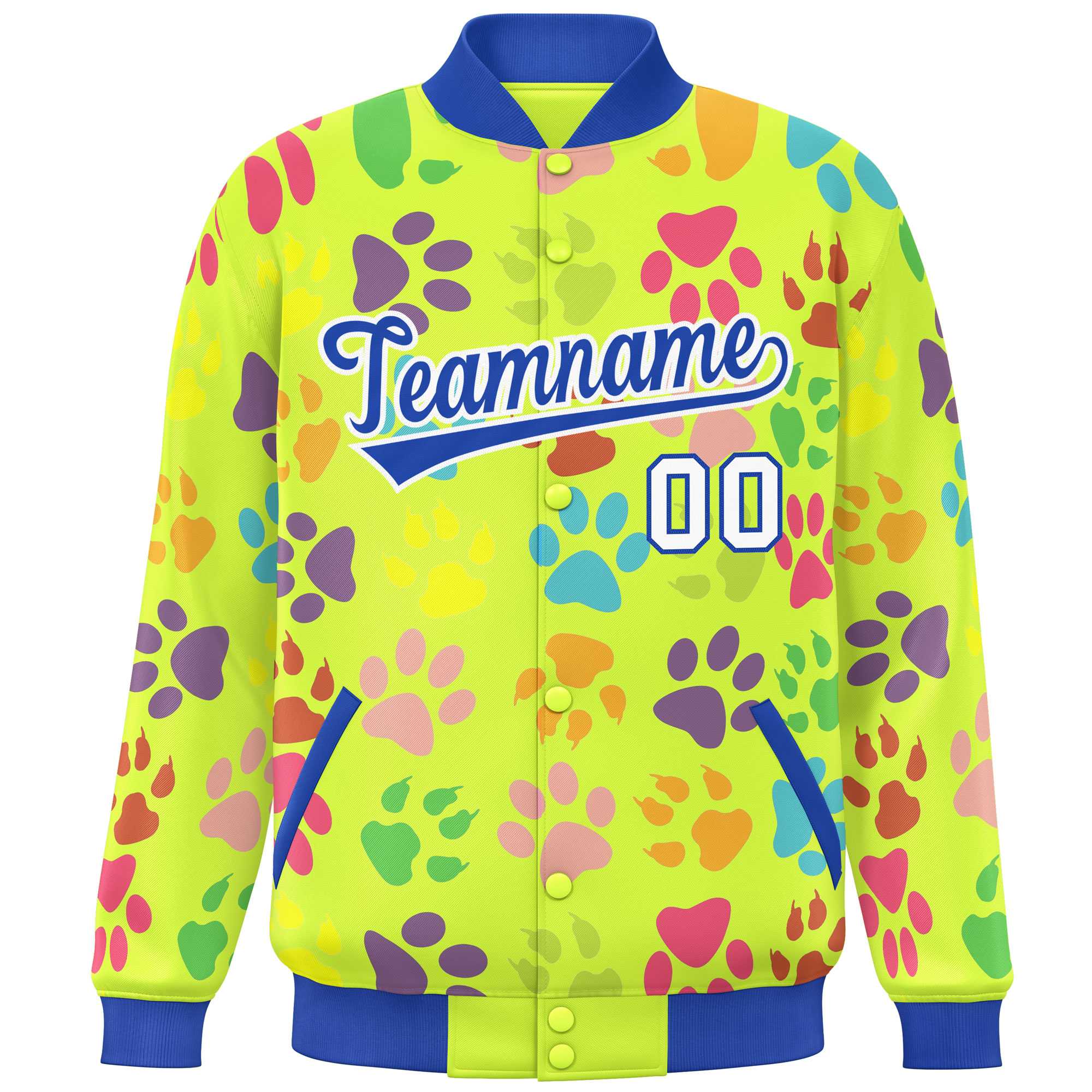 Custom Neon Green Royal-White Varsity Pets Paw Prints Graffiti Pattern Letterman Baseball Jacket