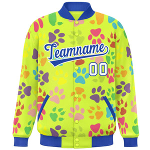 Custom Neon Green Royal-White Varsity Pets Paw Prints Graffiti Pattern Letterman Baseball Jacket