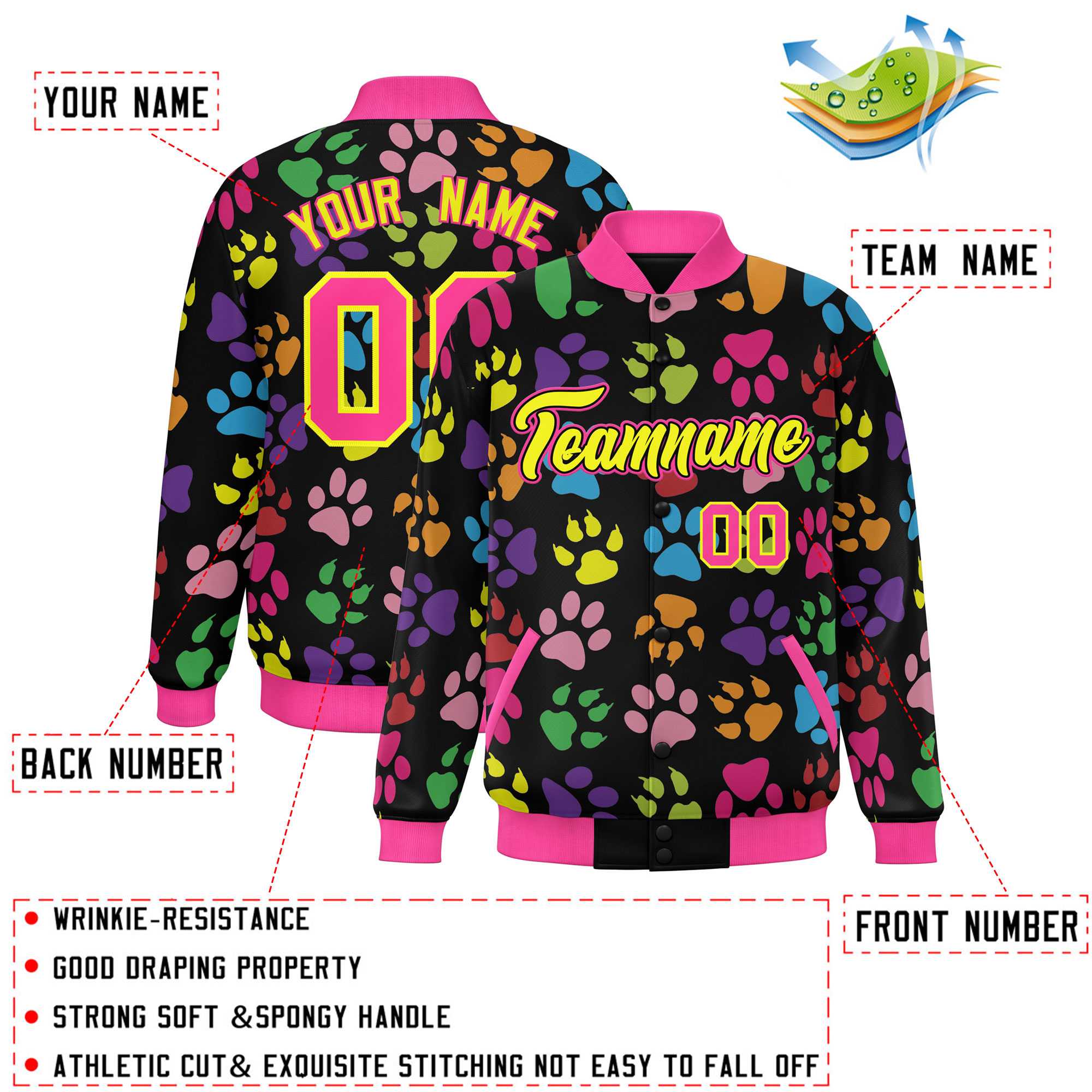 Custom Black Yellow-Pink Varsity Pets Paw Prints Graffiti Pattern Letterman Baseball Jacket