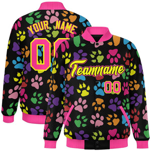 Custom Black Yellow-Pink Varsity Pets Paw Prints Graffiti Pattern Letterman Baseball Jacket