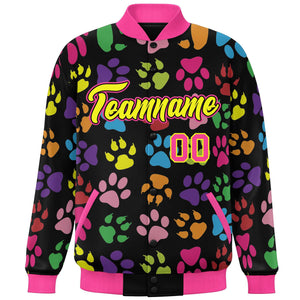 Custom Black Yellow-Pink Varsity Pets Paw Prints Graffiti Pattern Letterman Baseball Jacket