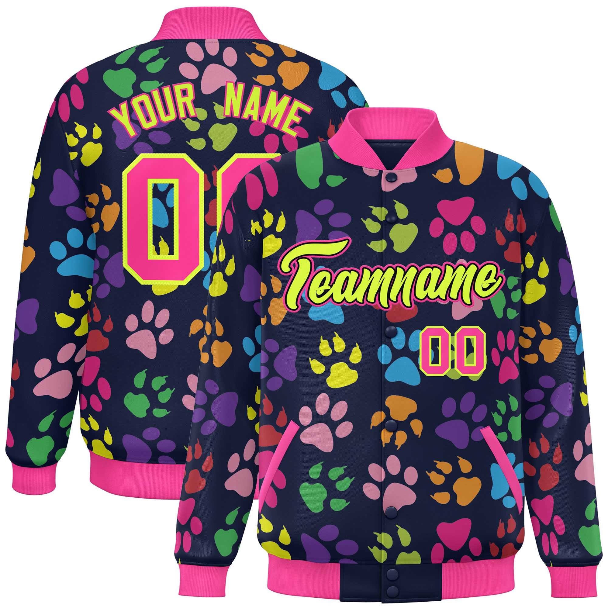 Custom Navy Neon Green-Pink Varsity Pets Paw Prints Graffiti Pattern Letterman Baseball Jacket