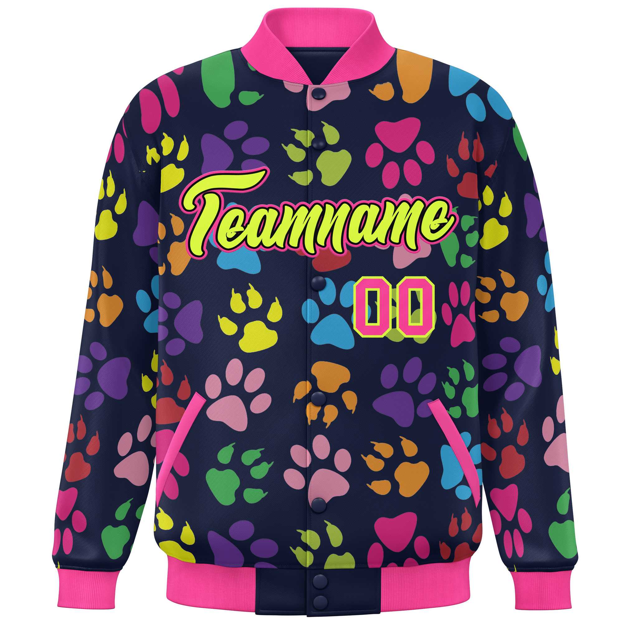 Custom Navy Neon Green-Pink Varsity Pets Paw Prints Graffiti Pattern Letterman Baseball Jacket