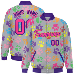 Custom Gray Pink-Purple Varsity Pets Paw Prints Graffiti Pattern Letterman Baseball Jacket