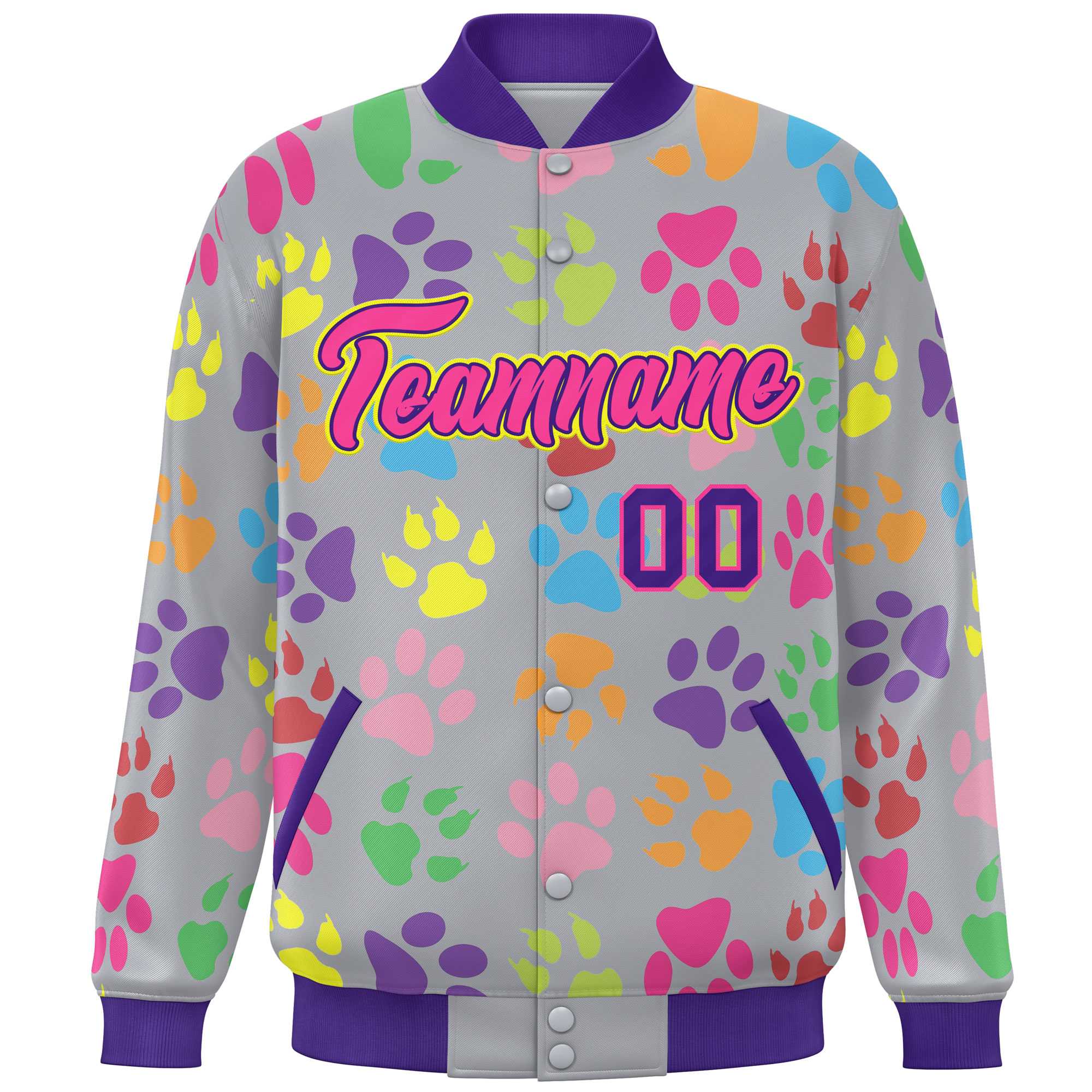 Custom Gray Pink-Purple Varsity Pets Paw Prints Graffiti Pattern Letterman Baseball Jacket