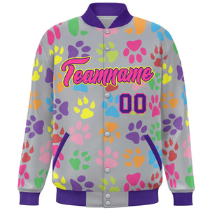 Custom Gray Pink-Purple Varsity Pets Paw Prints Graffiti Pattern Letterman Baseball Jacket