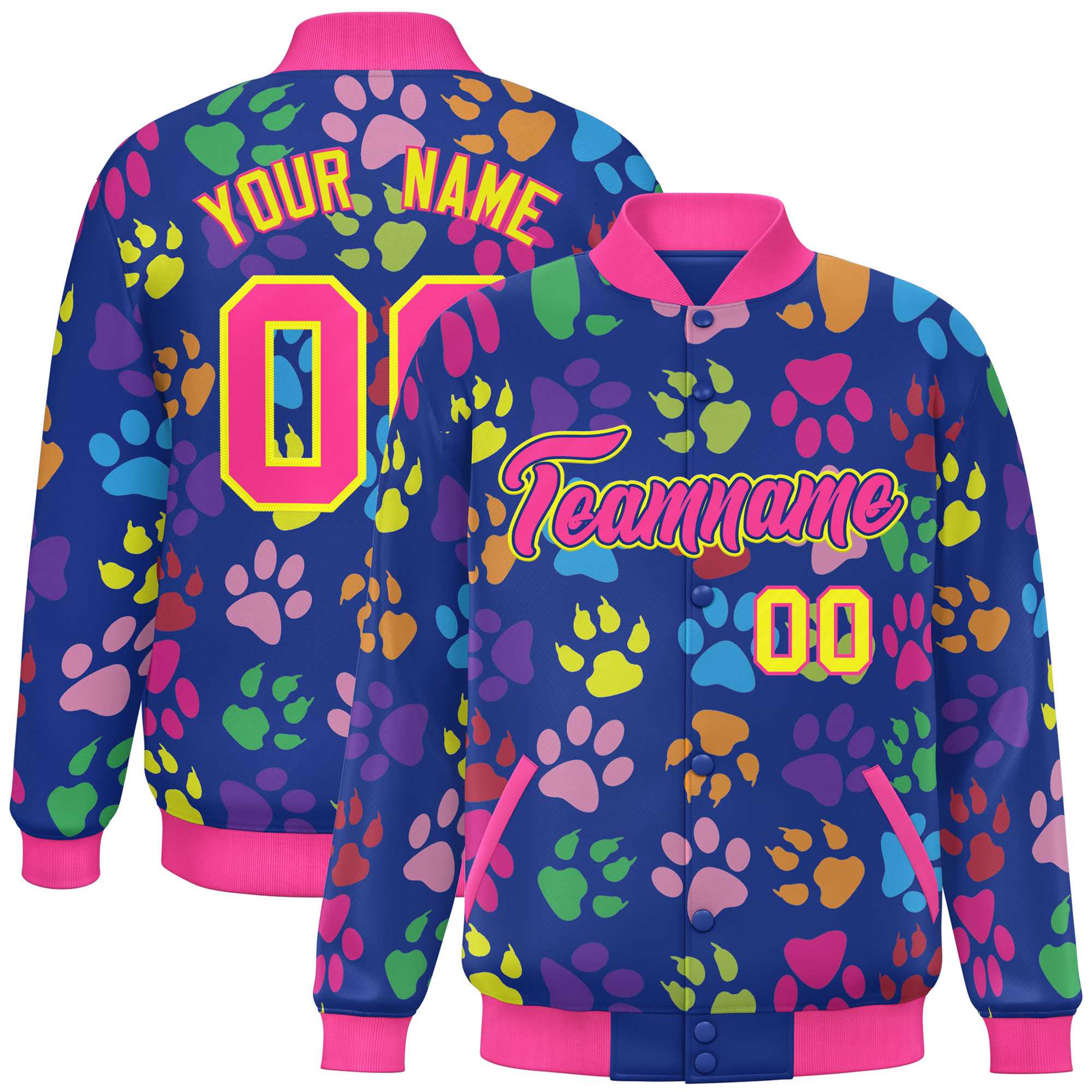 Custom Royal Pink-Yellow Varsity Pets Paw Prints Graffiti Pattern Letterman Baseball Jacket