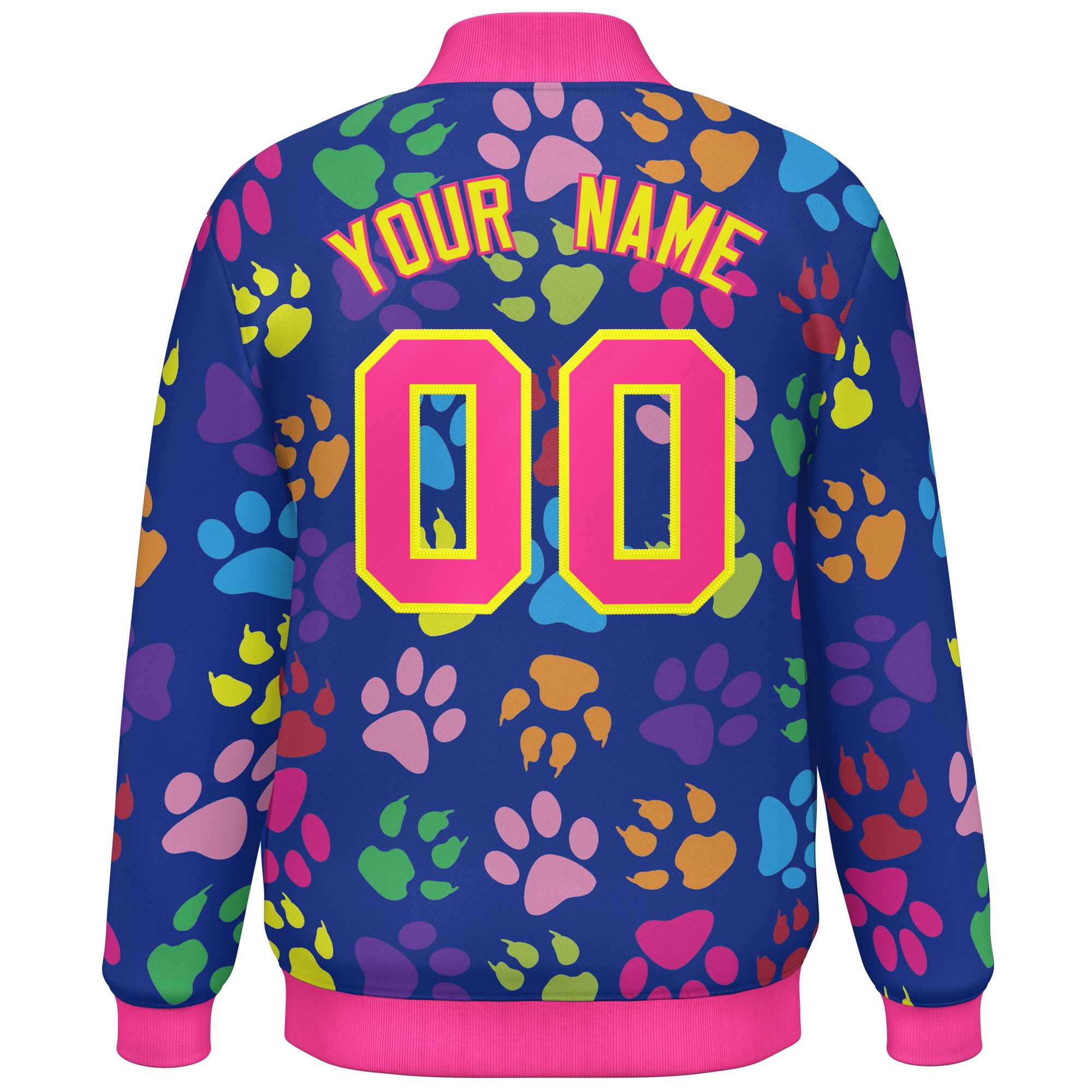 Custom Royal Pink-Yellow Varsity Pets Paw Prints Graffiti Pattern Letterman Baseball Jacket