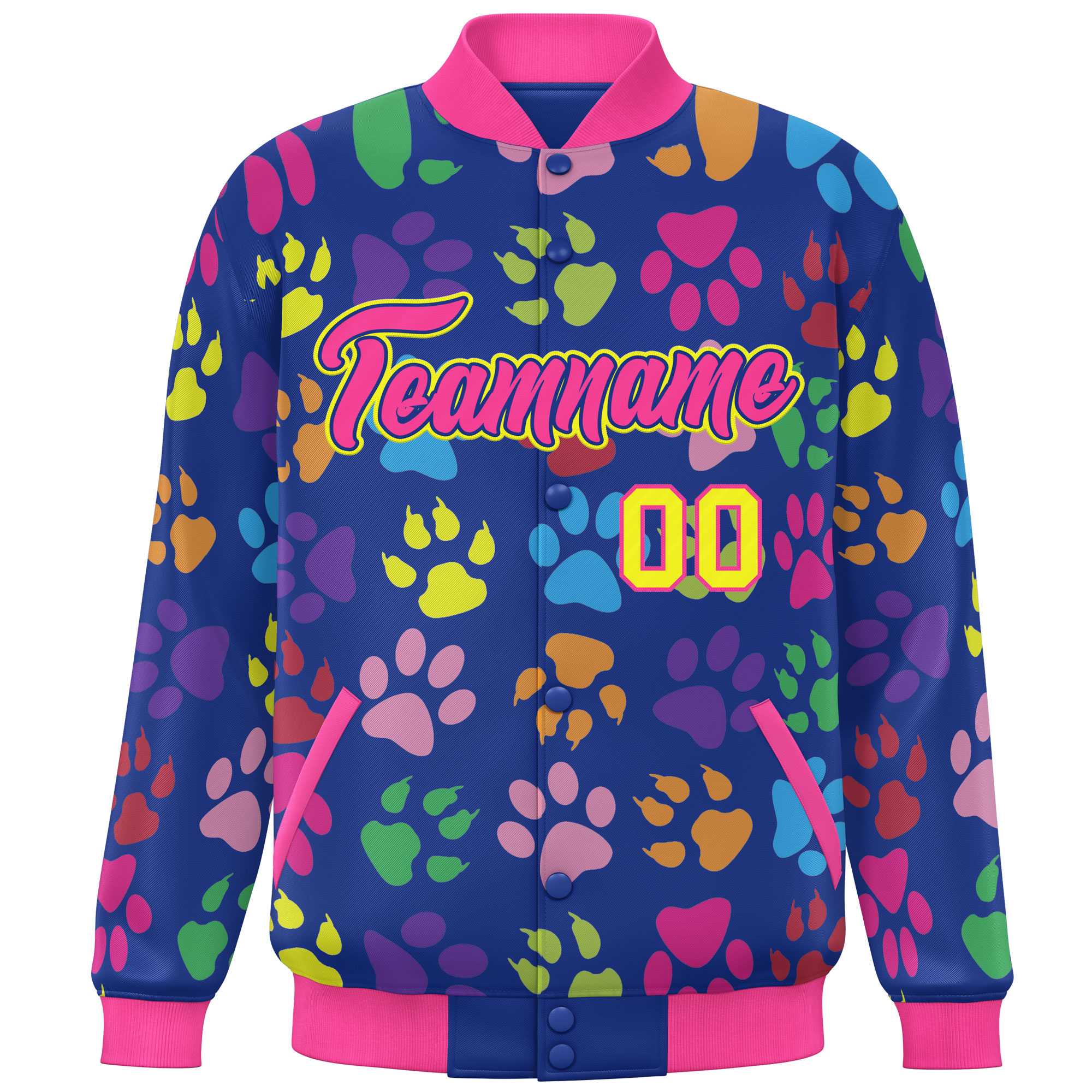 Custom Royal Pink-Yellow Varsity Pets Paw Prints Graffiti Pattern Letterman Baseball Jacket