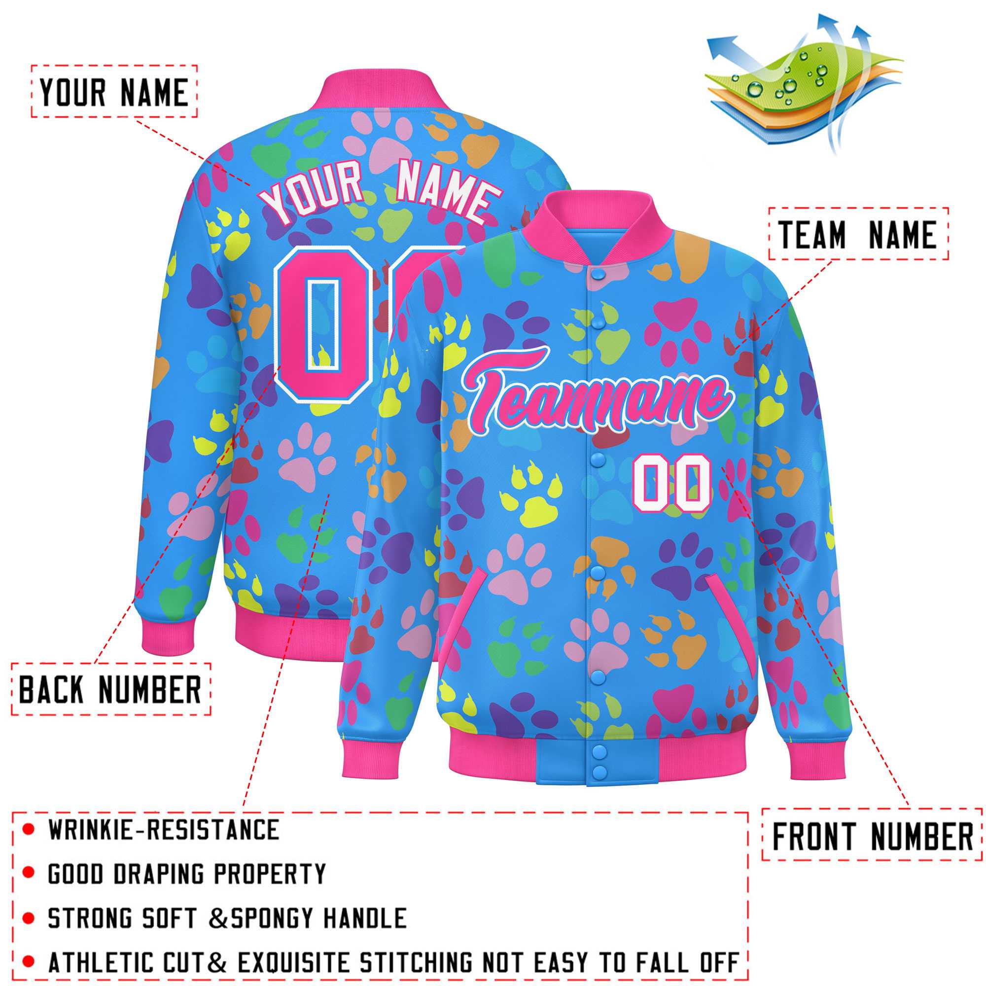 Custom Powder Blue Pink-White Varsity Pets Paw Prints Graffiti Pattern Letterman Baseball Jacket