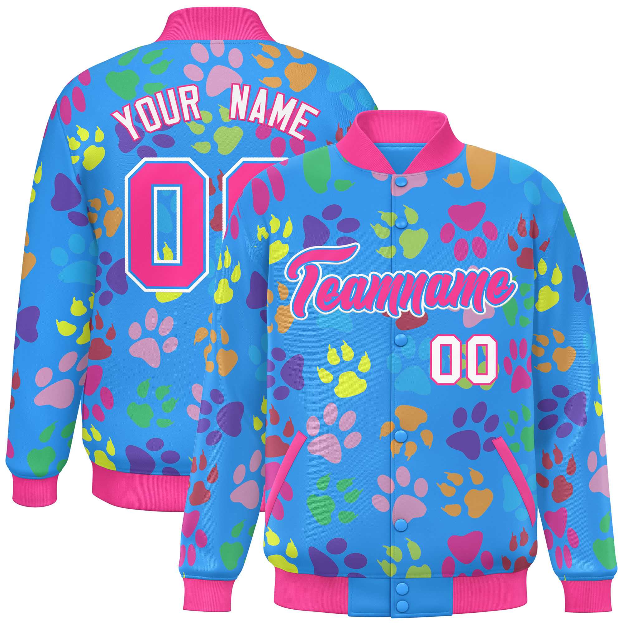 Custom Powder Blue Pink-White Varsity Pets Paw Prints Graffiti Pattern Letterman Baseball Jacket