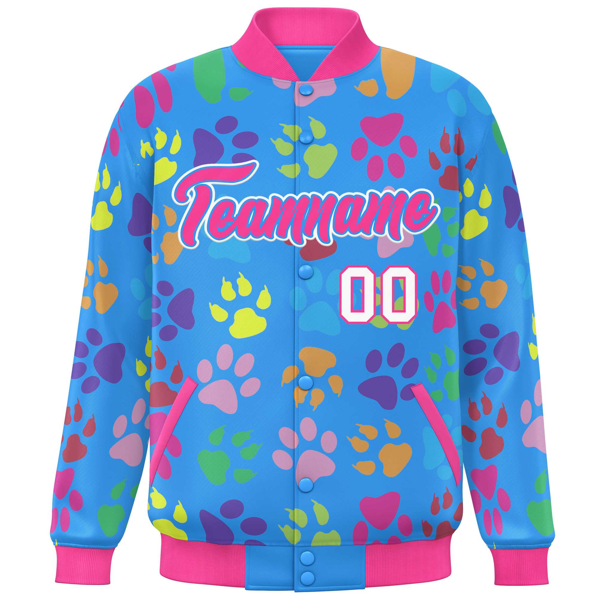 Custom Powder Blue Pink-White Varsity Pets Paw Prints Graffiti Pattern Letterman Baseball Jacket