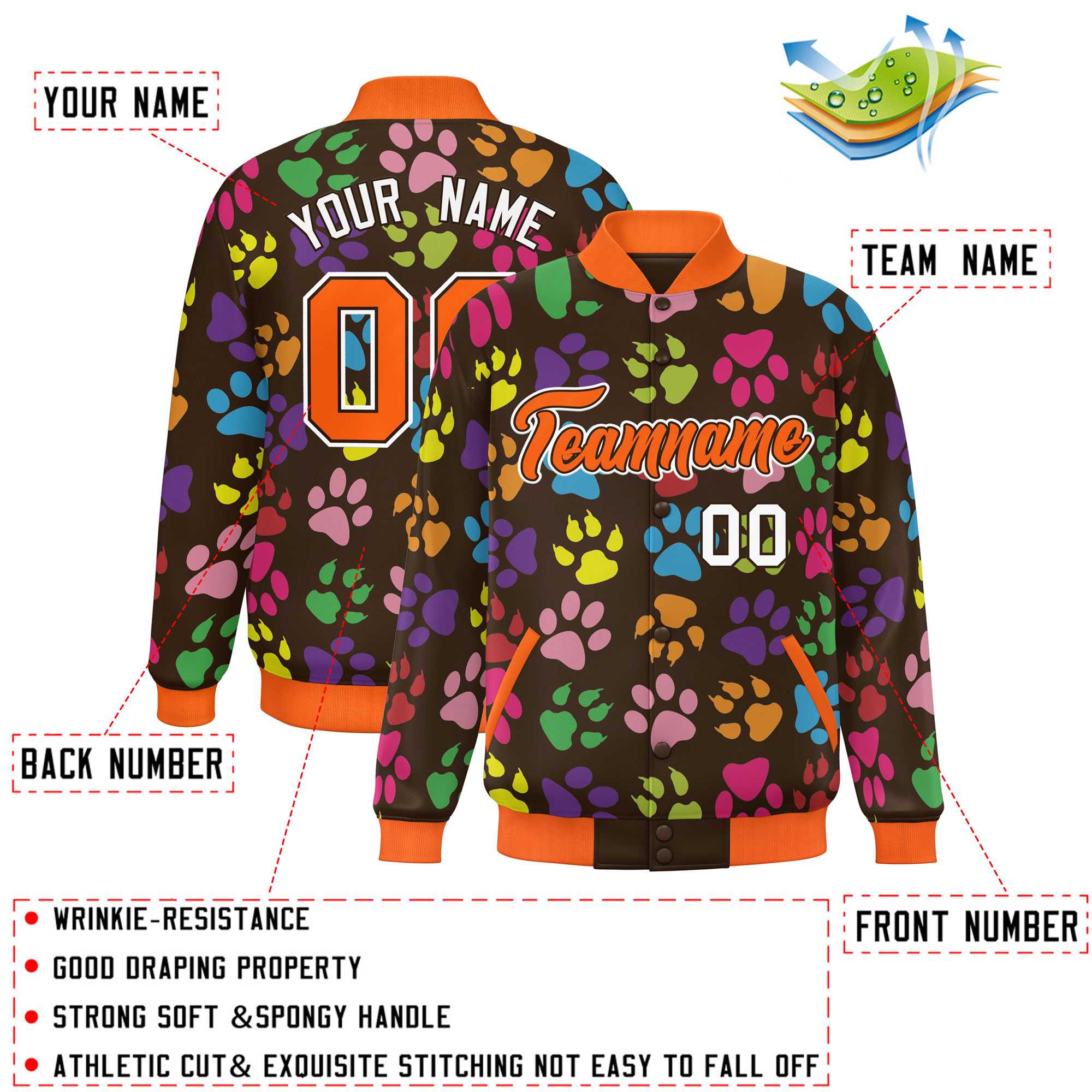 Custom Brown Orange-White Varsity Pets Paw Prints Graffiti Pattern Letterman Baseball Jacket