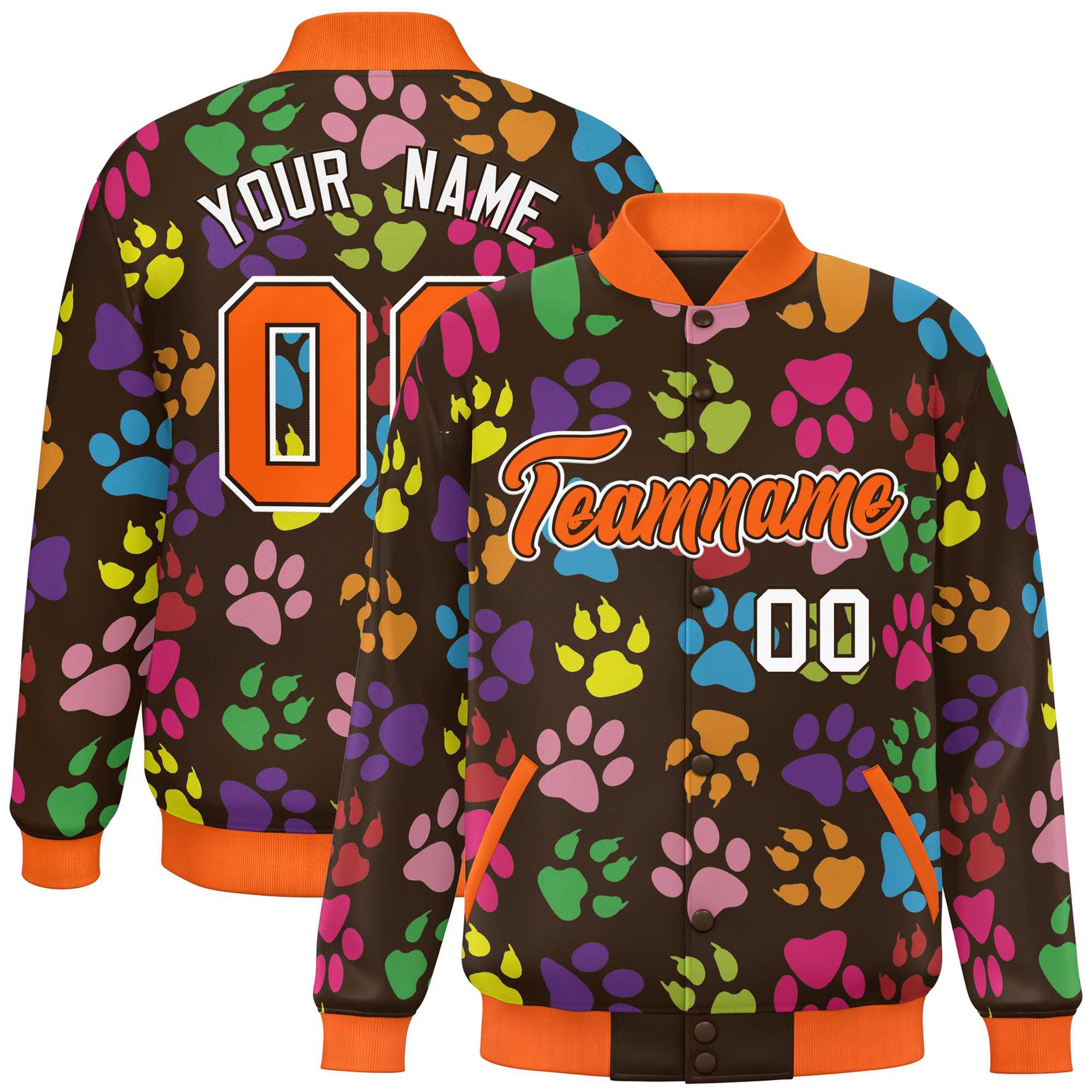 Custom Brown Orange-White Varsity Pets Paw Prints Graffiti Pattern Letterman Baseball Jacket