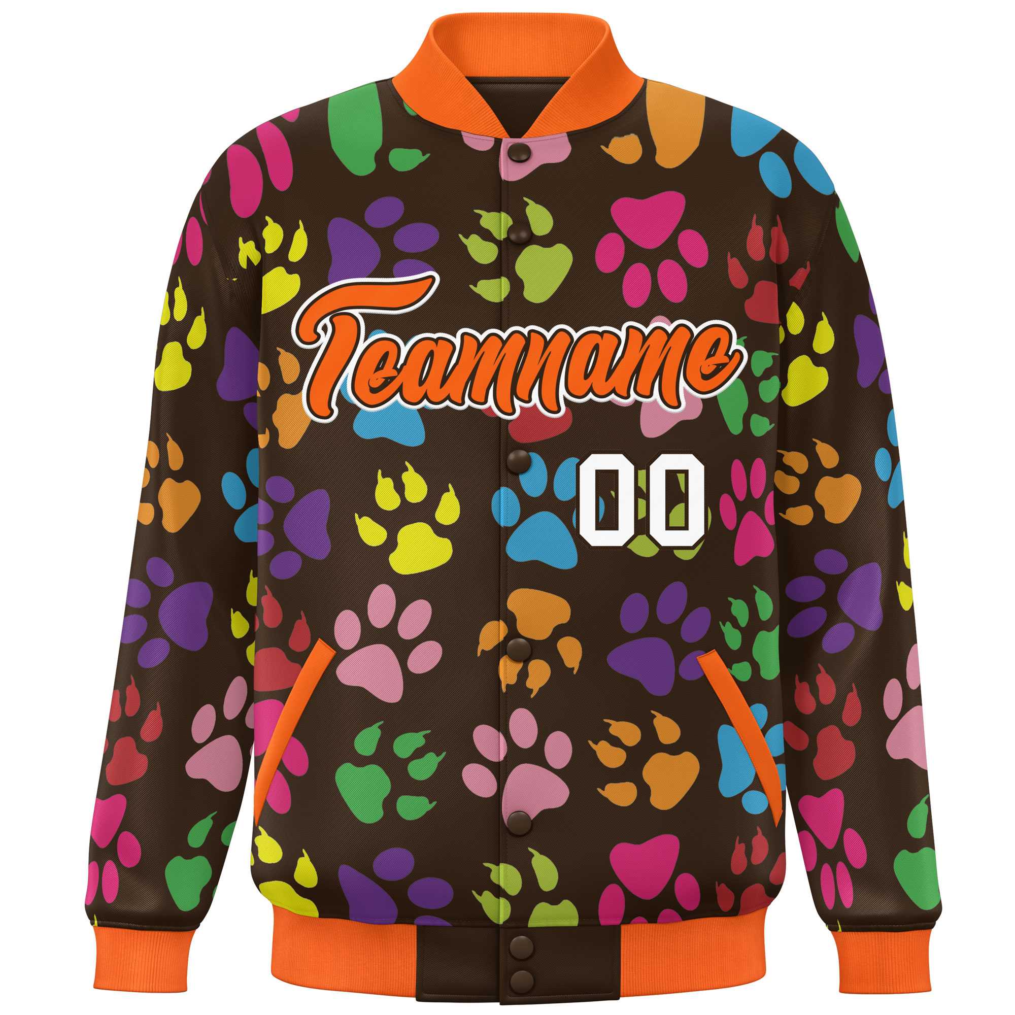 Custom Brown Orange-White Varsity Pets Paw Prints Graffiti Pattern Letterman Baseball Jacket