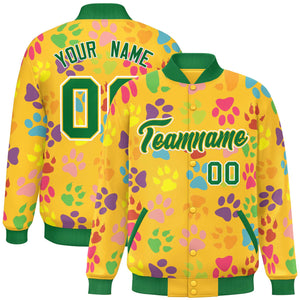 Custom Gold Kelly Green-White Varsity Pets Paw Prints Graffiti Pattern Letterman Baseball Jacket