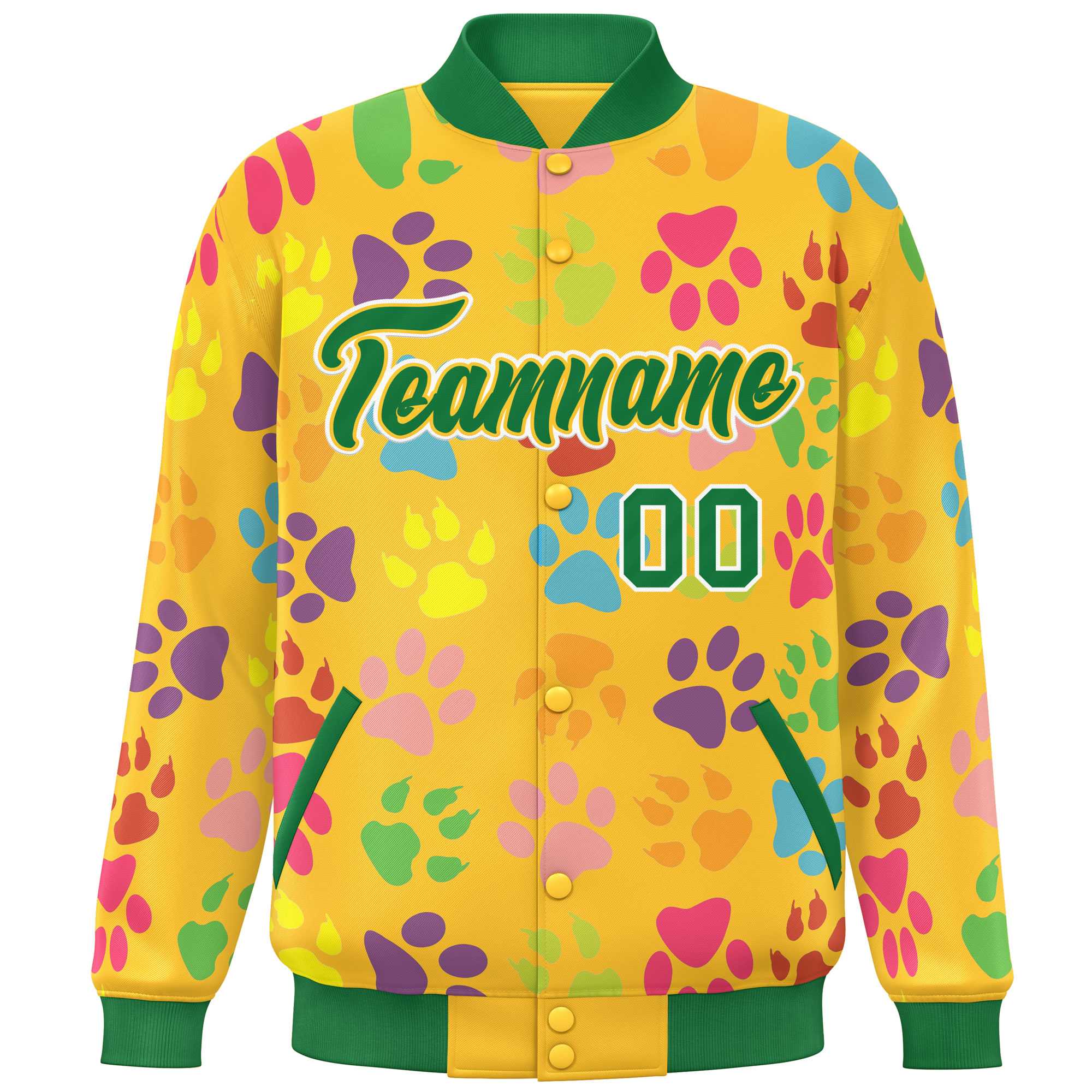 Custom Gold Kelly Green-White Varsity Pets Paw Prints Graffiti Pattern Letterman Baseball Jacket