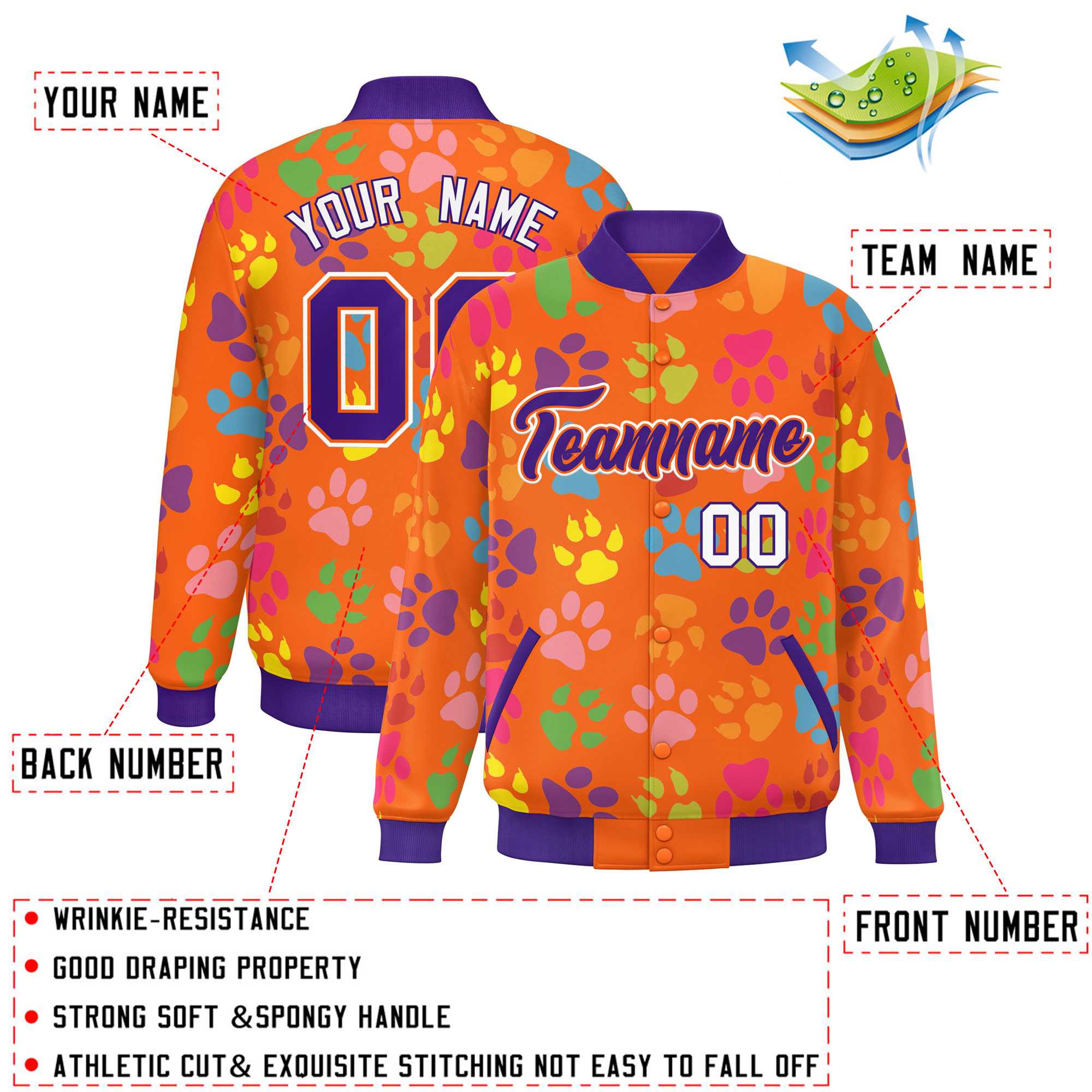 Custom Orange Purple-White Varsity Pets Paw Prints Graffiti Pattern Letterman Baseball Jacket