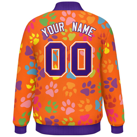Custom Orange Purple-White Varsity Pets Paw Prints Graffiti Pattern Letterman Baseball Jacket