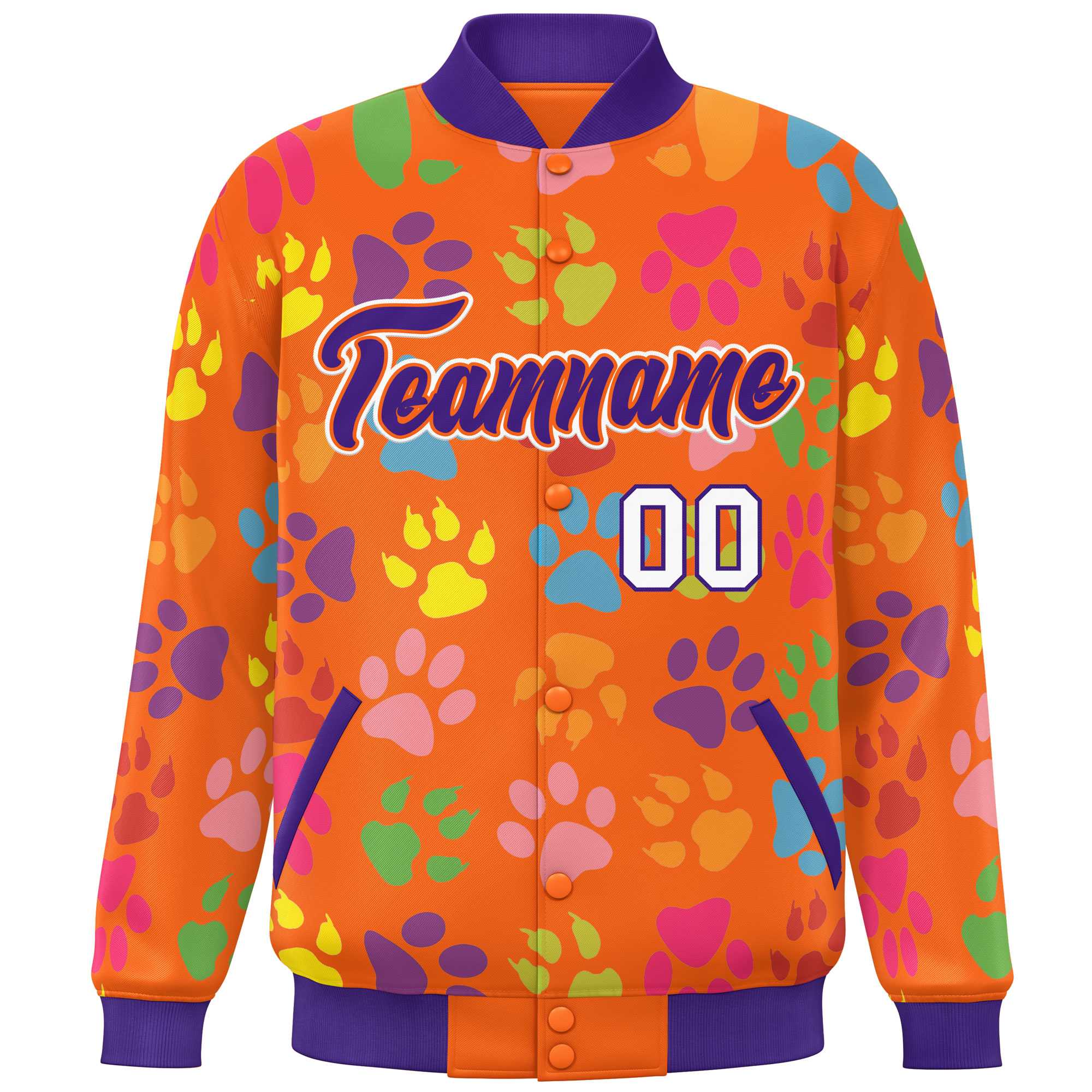 Custom Orange Purple-White Varsity Pets Paw Prints Graffiti Pattern Letterman Baseball Jacket