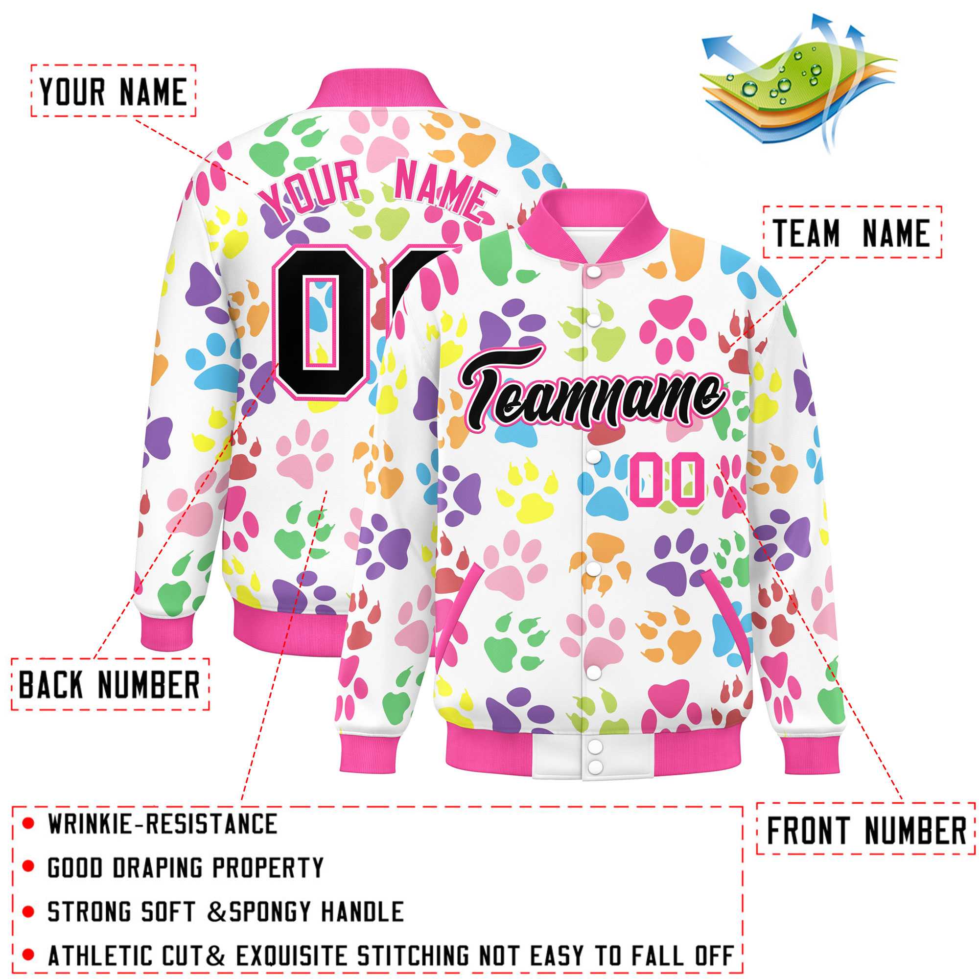 Custom White Black-Pink Varsity Pets Paw Prints Graffiti Pattern Letterman Baseball Jacket