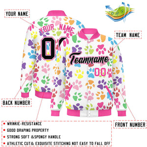 Custom White Black-Pink Varsity Pets Paw Prints Graffiti Pattern Letterman Baseball Jacket