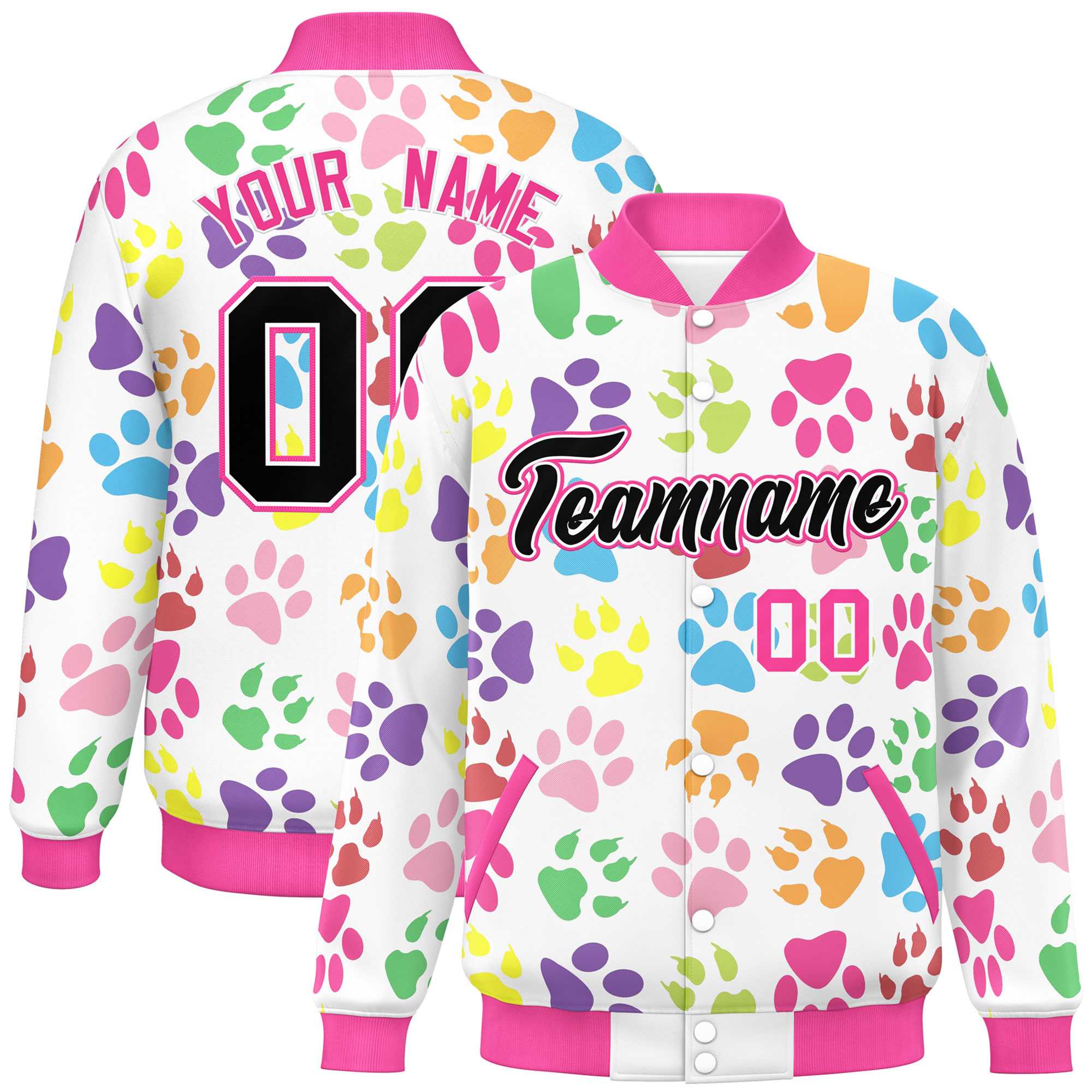 Custom White Black-Pink Varsity Pets Paw Prints Graffiti Pattern Letterman Baseball Jacket