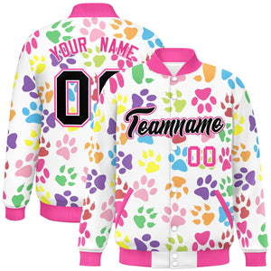 Custom White Black-Pink Varsity Pets Paw Prints Graffiti Pattern Letterman Baseball Jacket