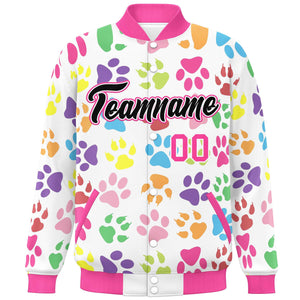 Custom White Black-Pink Varsity Pets Paw Prints Graffiti Pattern Letterman Baseball Jacket