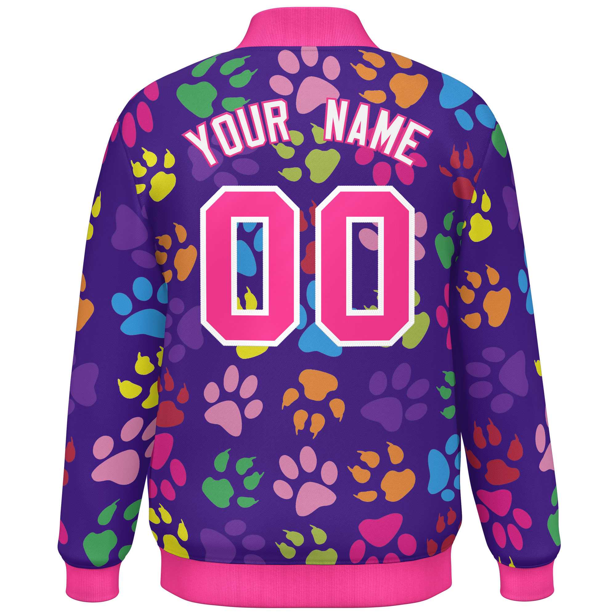 Custom Purple Pink-White Varsity Pets Paw Prints Graffiti Pattern Letterman Baseball Jacket