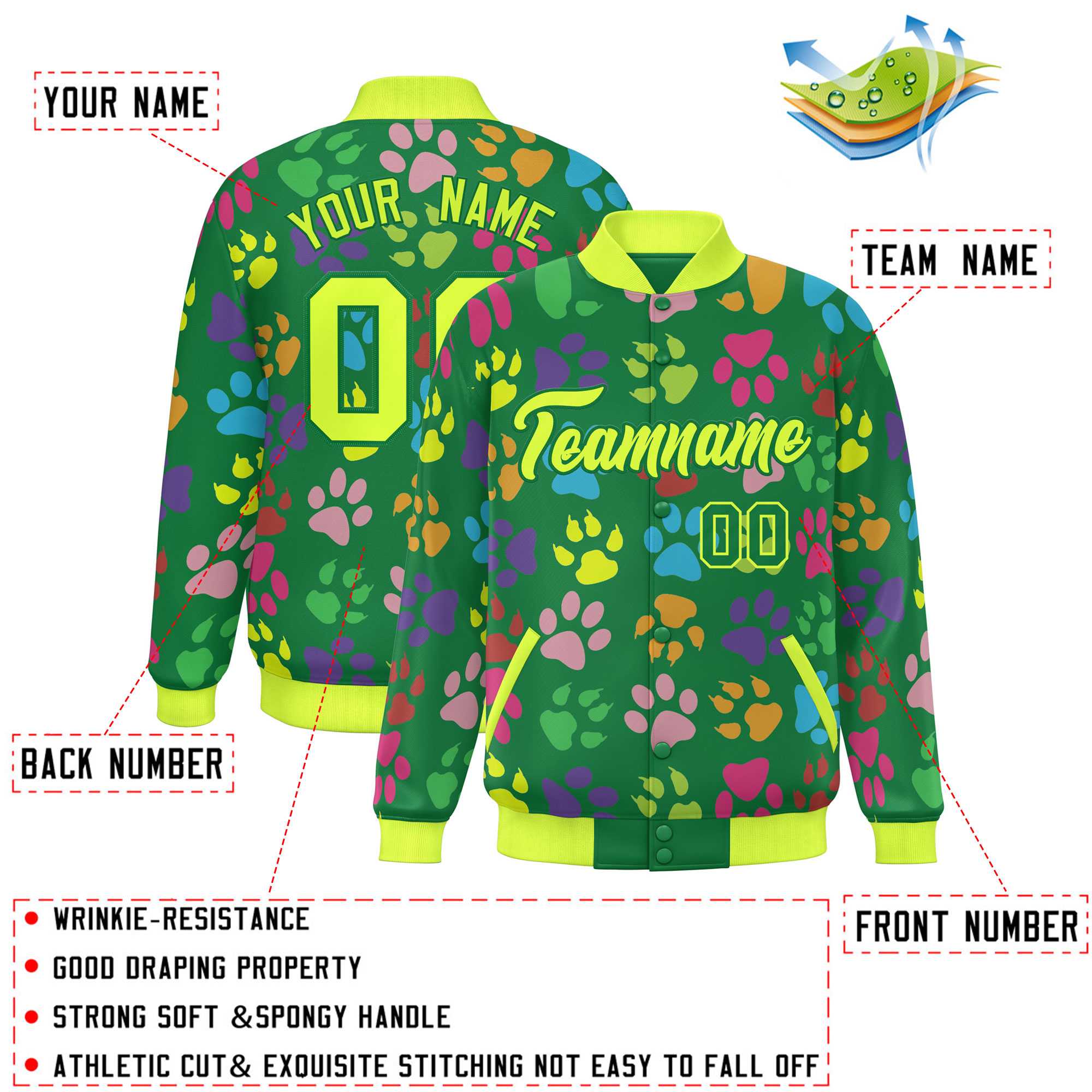 Custom Kelly Green Neon Green Varsity Pets Paw Prints Graffiti Pattern Letterman Baseball Jacket