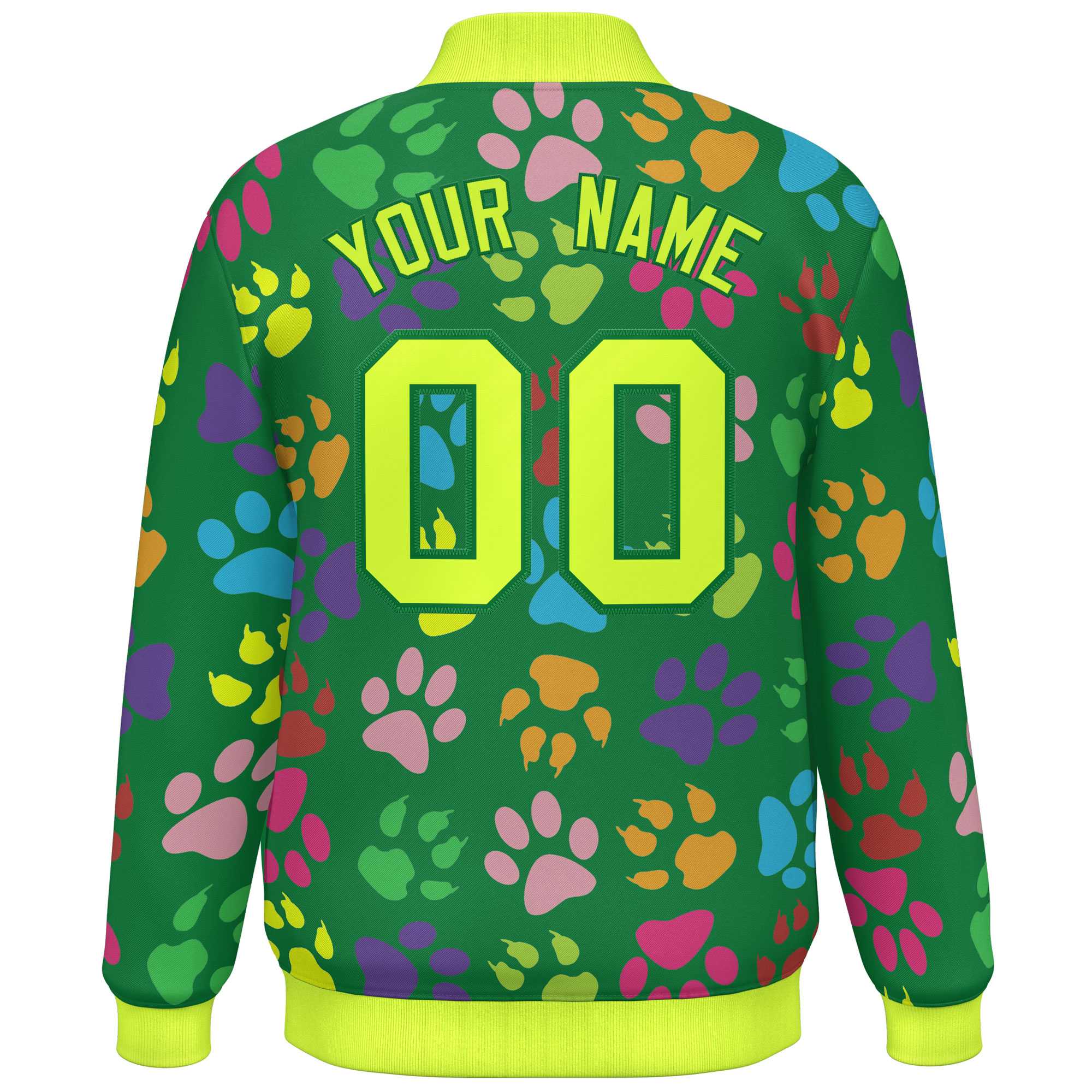 Custom Kelly Green Neon Green Varsity Pets Paw Prints Graffiti Pattern Letterman Baseball Jacket