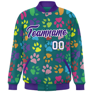 Custom Aqua Purple-White Varsity Pets Paw Prints Graffiti Pattern Letterman Baseball Jacket