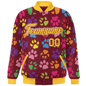 Custom Crimson Gold-White Varsity Pets Paw Prints Graffiti Pattern Letterman Baseball Jacket