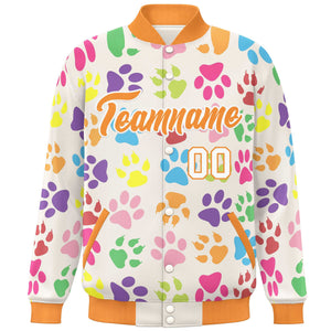 Custom Cream Orange-White Varsity Pets Paw Prints Graffiti Pattern Letterman Baseball Jacket